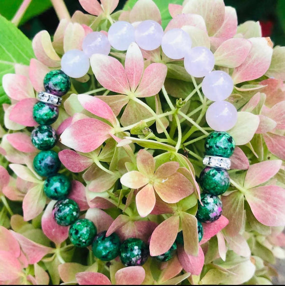 Pink Quartz w/ Green Tourmaline Beads and Rhinestones Spacers